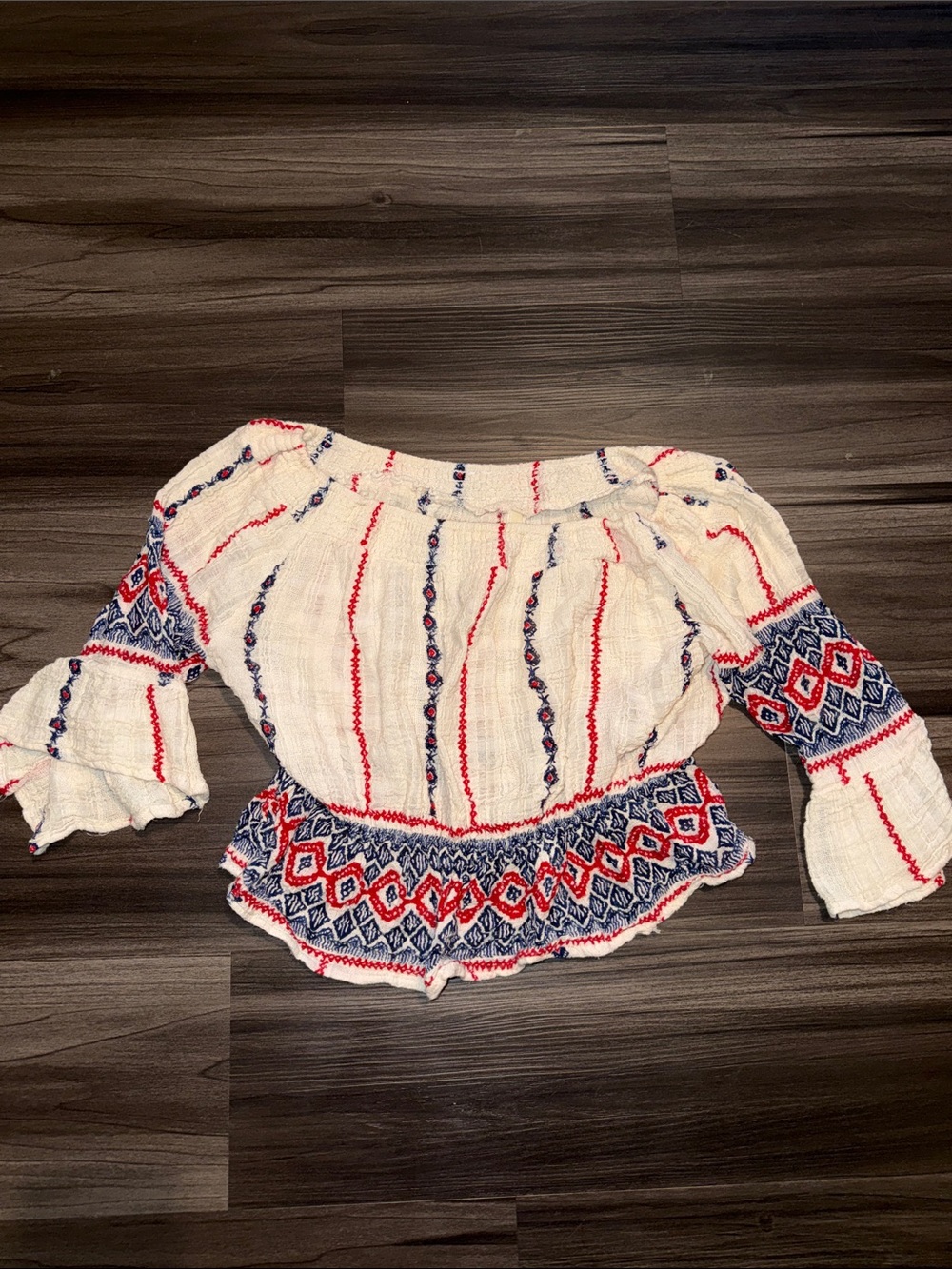 RAGA Cream Off-Shoulder Boho Tunic with Red & Navy Embroidery